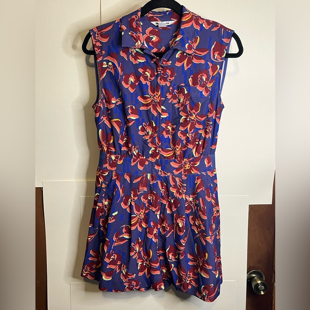 Athleta Petite Size 4 Red Floral Blue Pinstripes Brooklyn Utility Romper